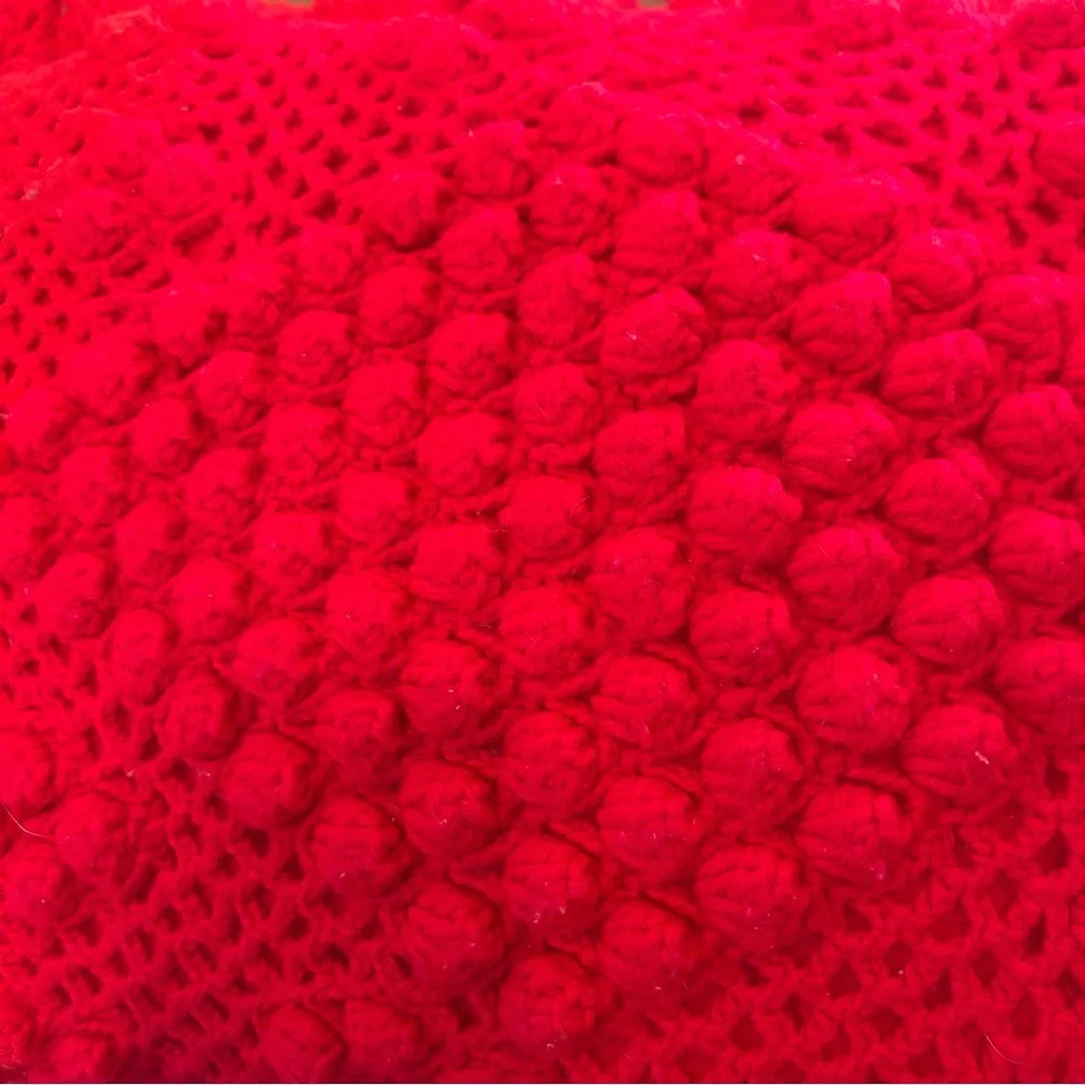 Vintage Hand Crocheted Ruffles and Bobbles Red Textured Throw Pillow